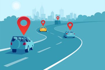 Vector of cars and trucks driving on a highway with geo location signs. Concept of navigation and direction.